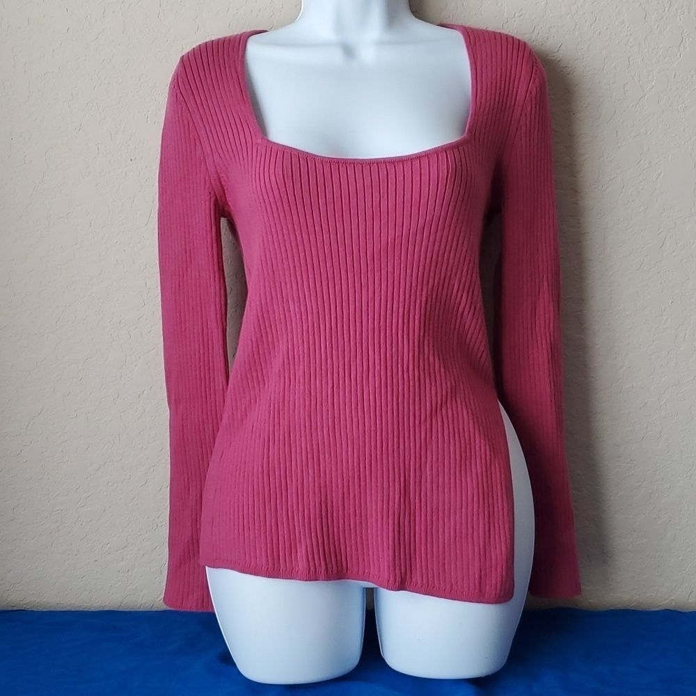 Open Edit Ribbed Knit Long Sleeve Sweater Size Medium Pink Scoop Neck Top** - Picture 1 of 6